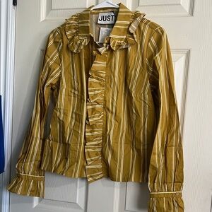 NWT Free People Mustard Yellow & White Striped Ruffle-Trim blouse